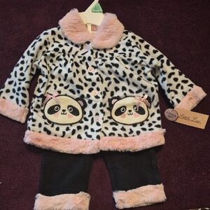 6-9m Girls Kids Little Lass Fuzzy Panda Set - Pink and Black